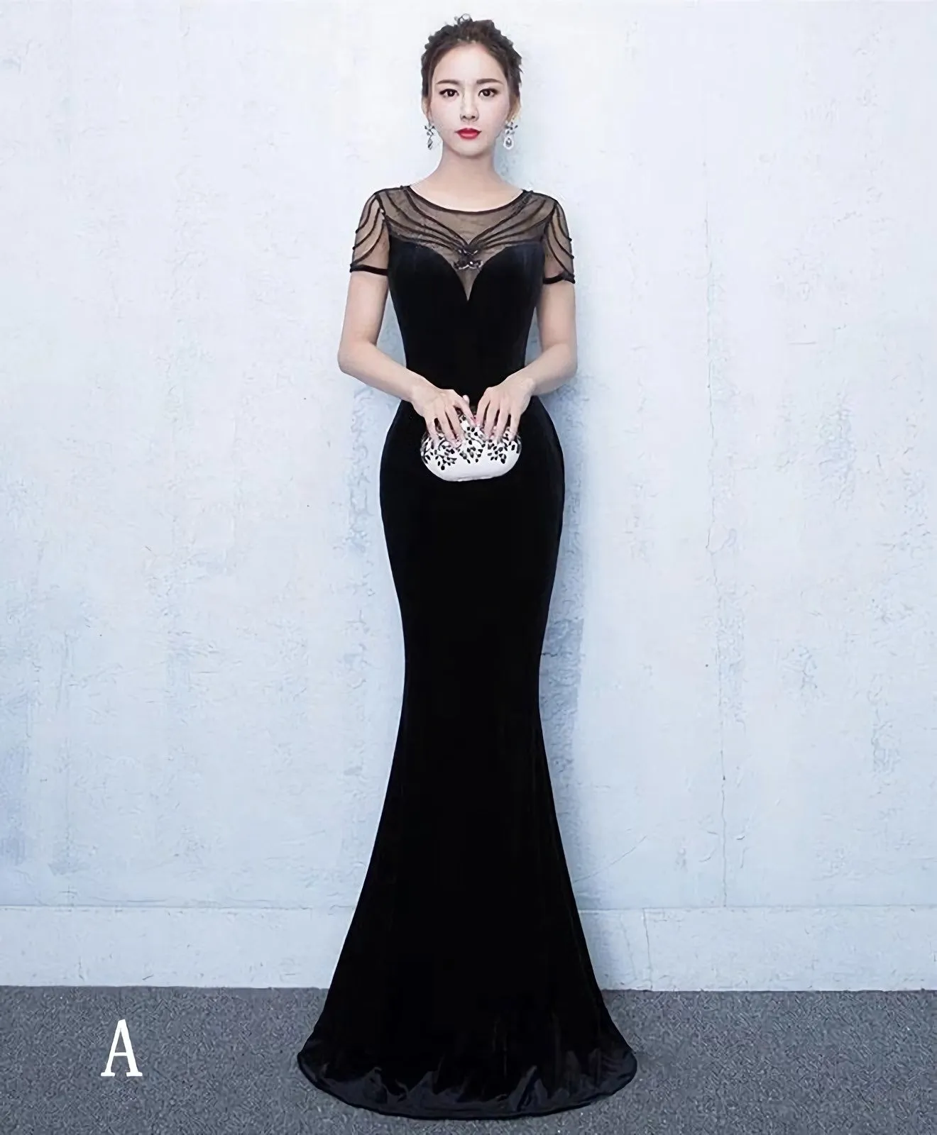 Mermaid Round Neck Velvet Long Prom Dress Evening Dress