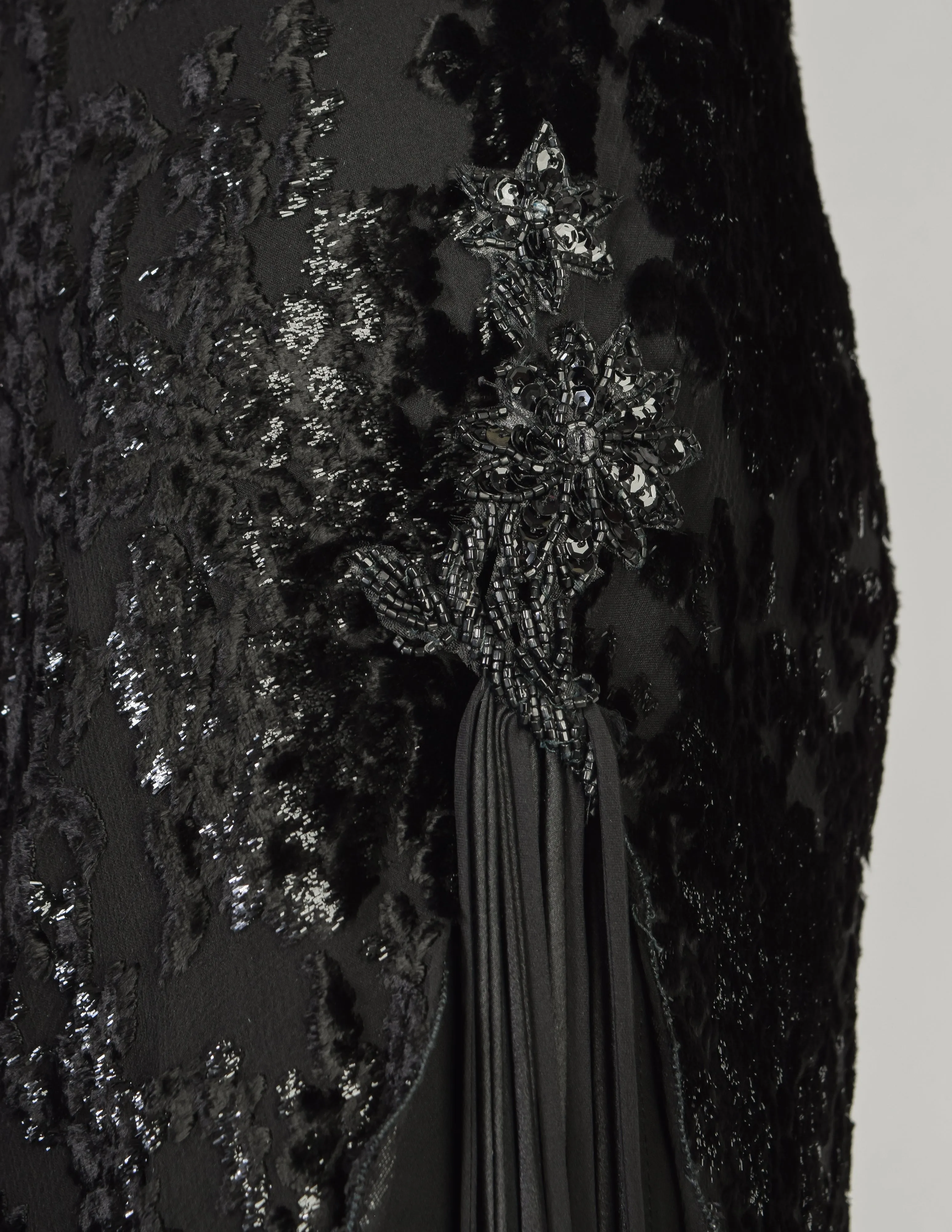 Mira Vintage Black Silk Chiffon Devore Velvet Bias Layered Beaded Dress