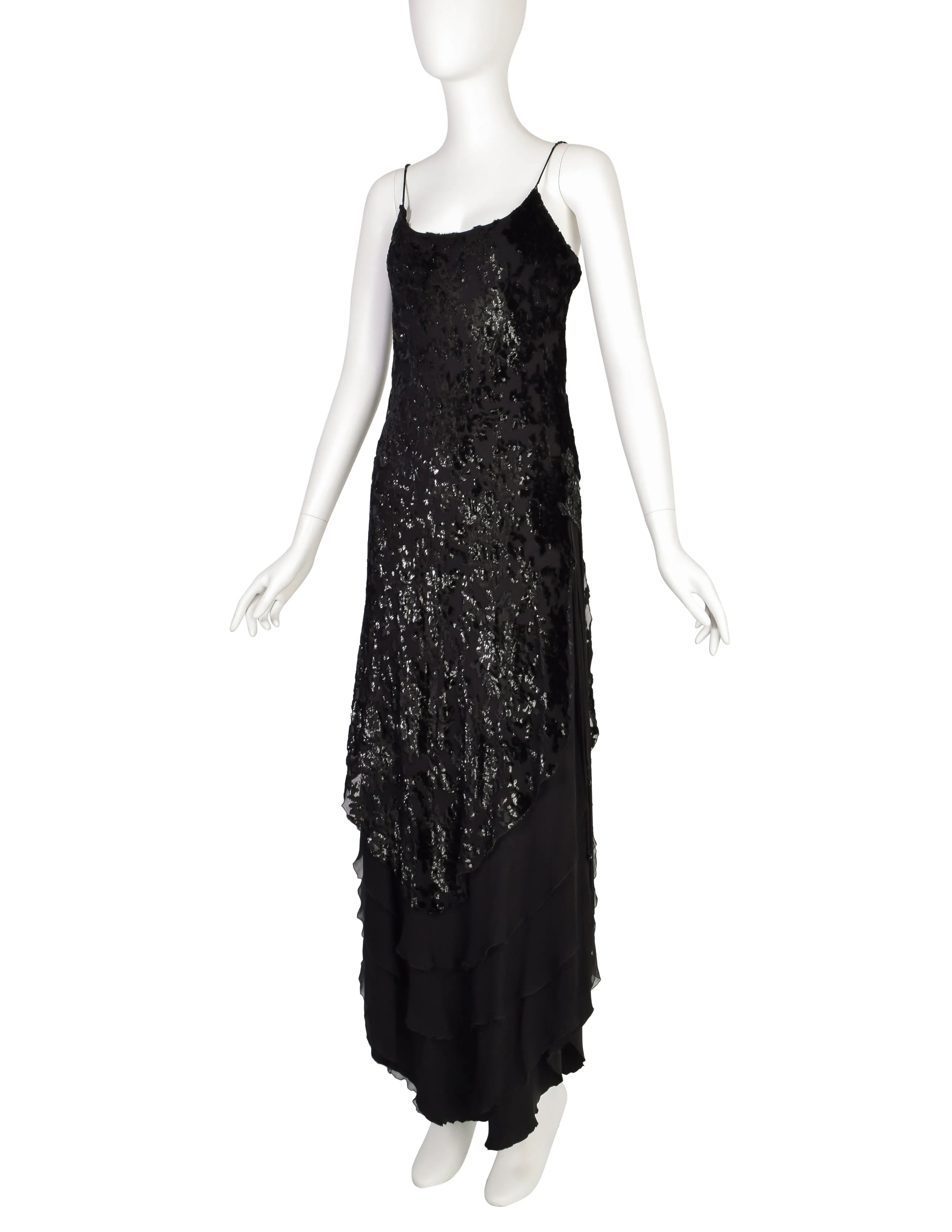 Mira Vintage Black Silk Chiffon Devore Velvet Bias Layered Beaded Dress