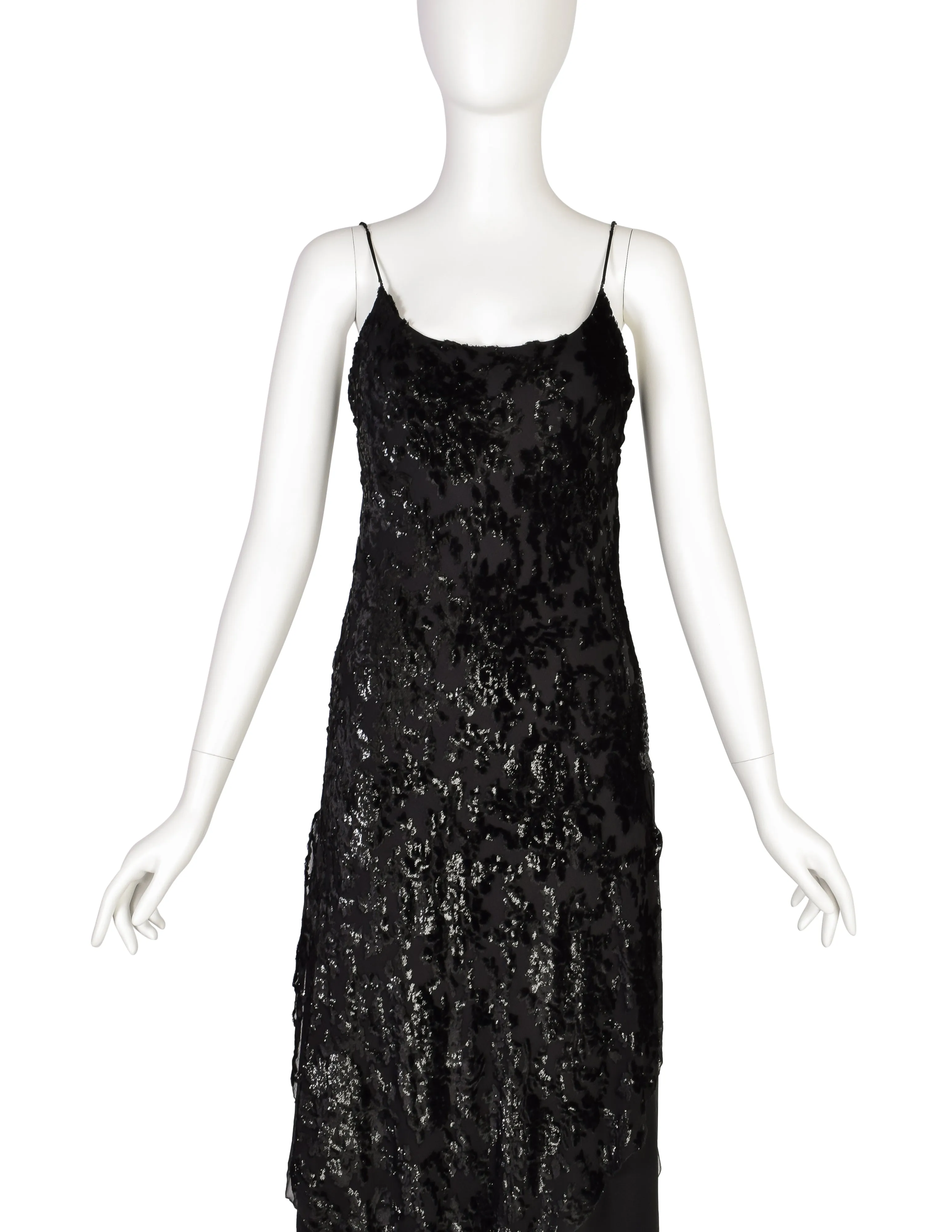Mira Vintage Black Silk Chiffon Devore Velvet Bias Layered Beaded Dress