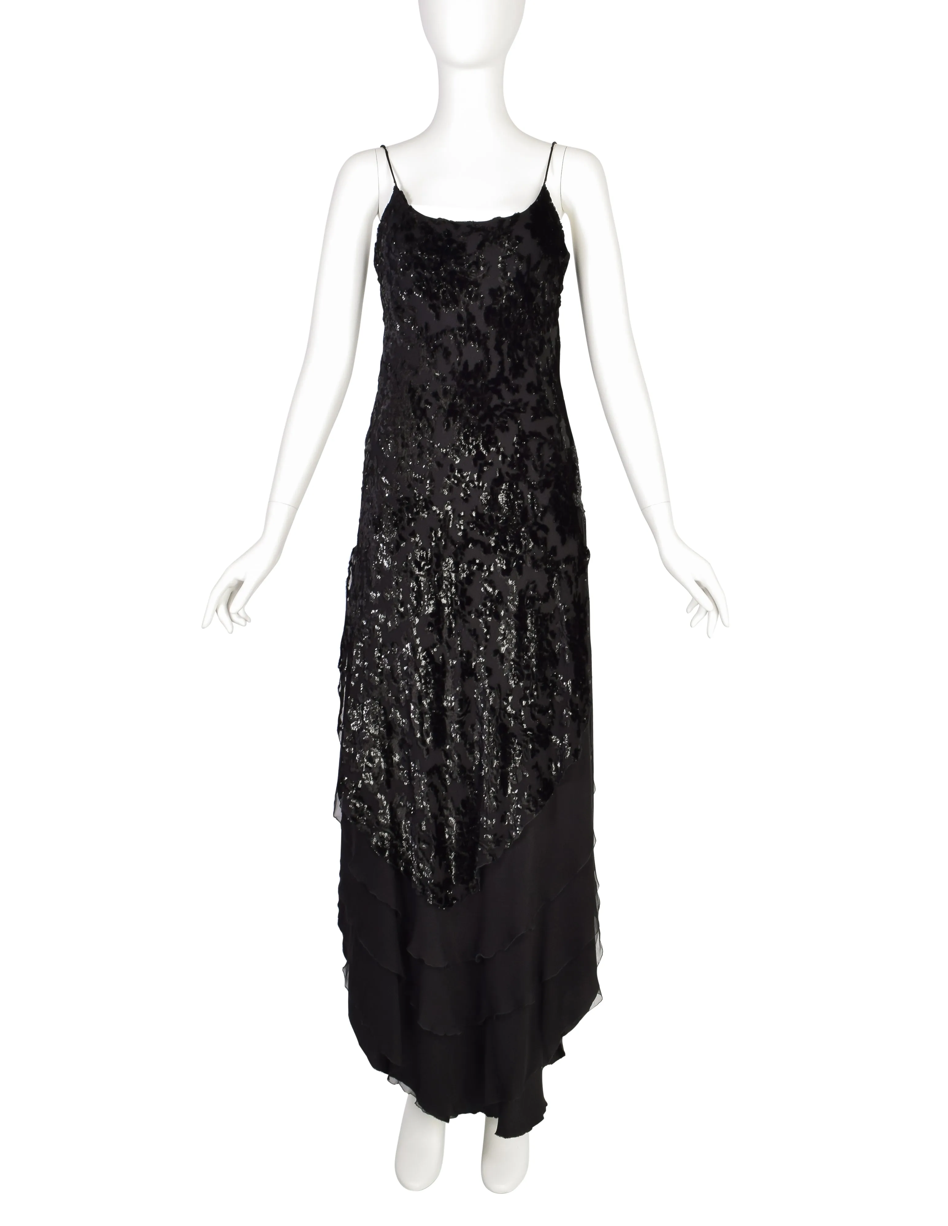 Mira Vintage Black Silk Chiffon Devore Velvet Bias Layered Beaded Dress