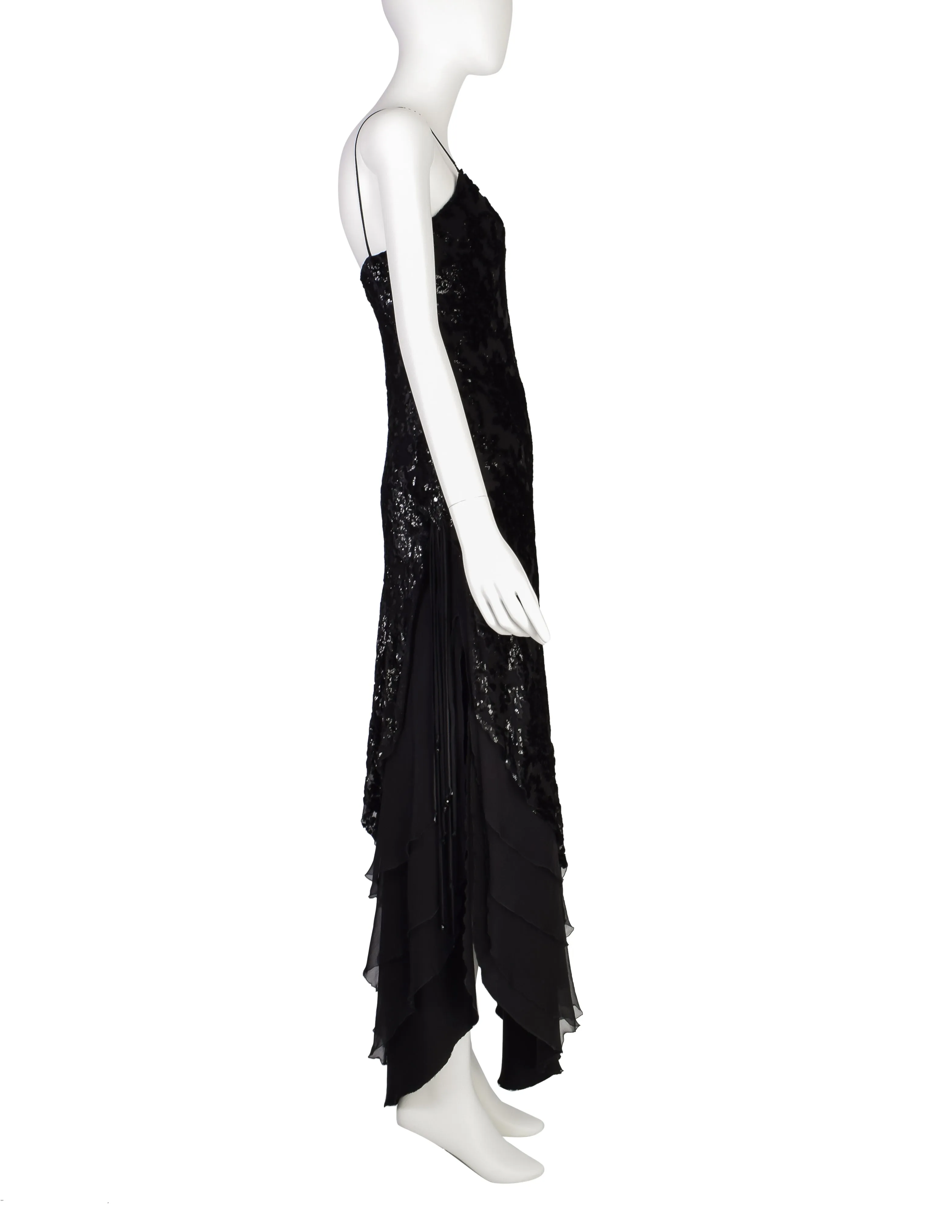 Mira Vintage Black Silk Chiffon Devore Velvet Bias Layered Beaded Dress
