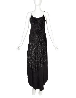 Mira Vintage Black Silk Chiffon Devore Velvet Bias Layered Beaded Dress