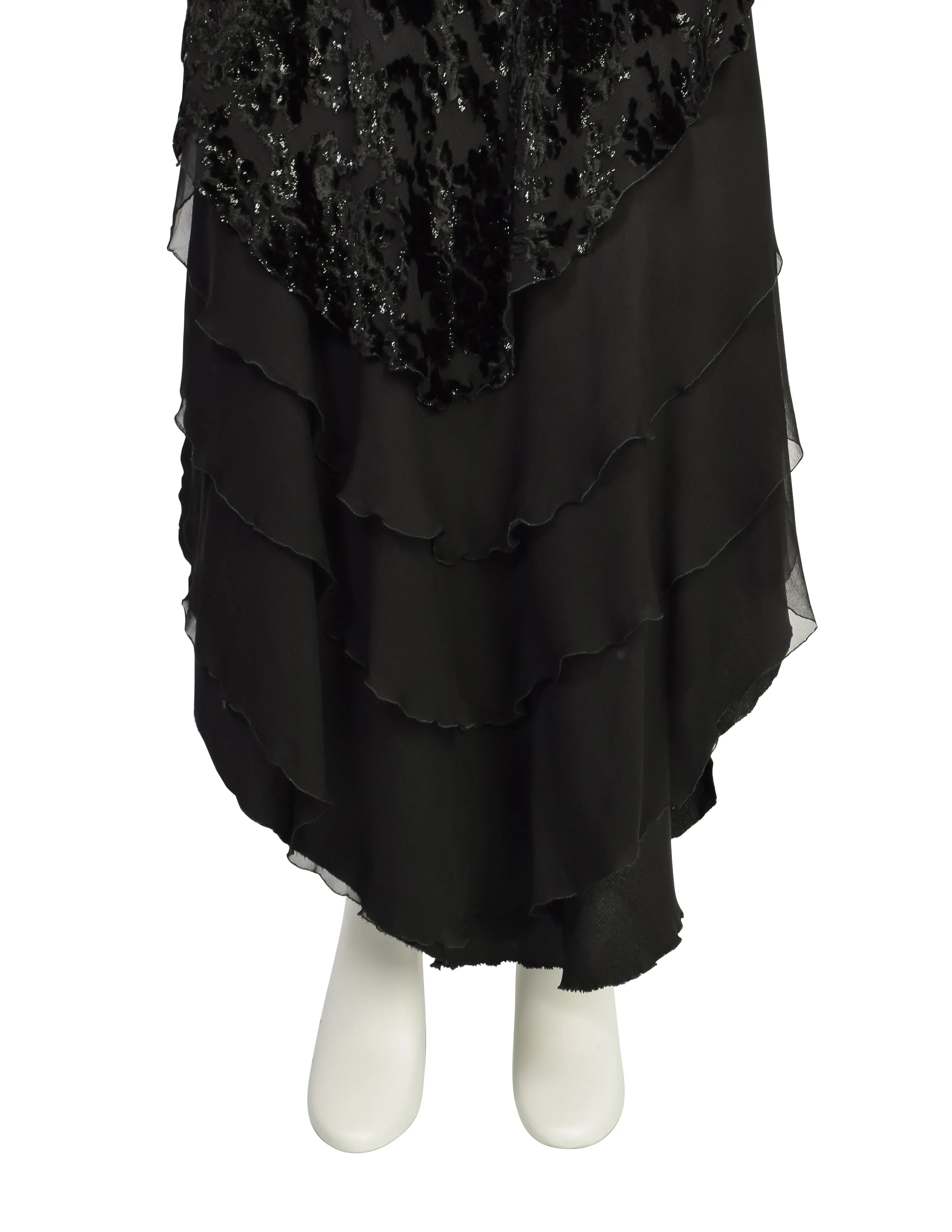 Mira Vintage Black Silk Chiffon Devore Velvet Bias Layered Beaded Dress