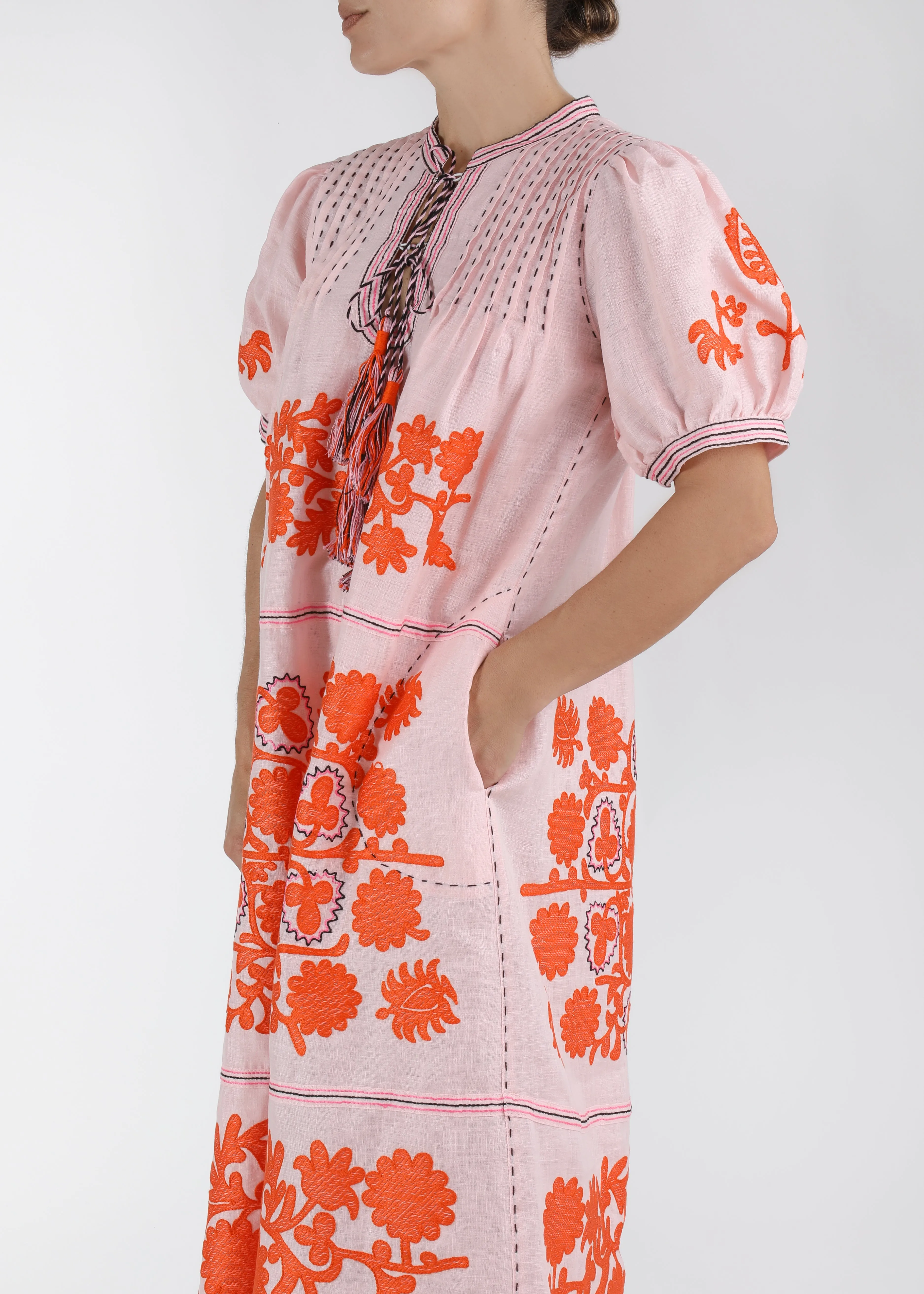 Elegant Pink and Orange Ukrainian Embroidered Dress for Women - Traditional Floral Design