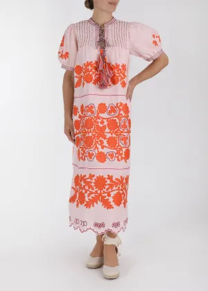 Elegant Pink and Orange Ukrainian Embroidered Dress for Women - Traditional Floral Design