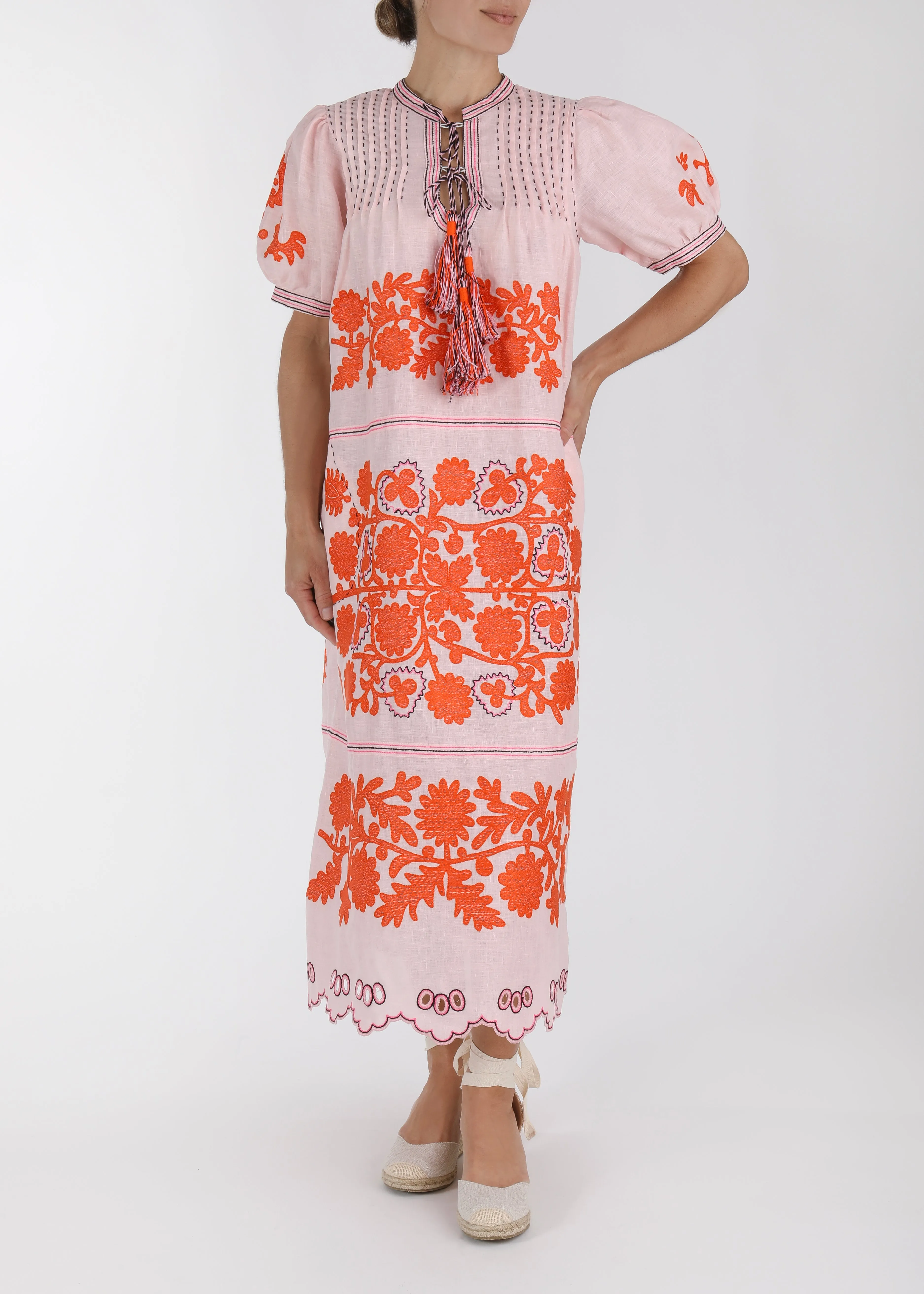 Elegant Pink and Orange Ukrainian Embroidered Dress for Women - Traditional Floral Design