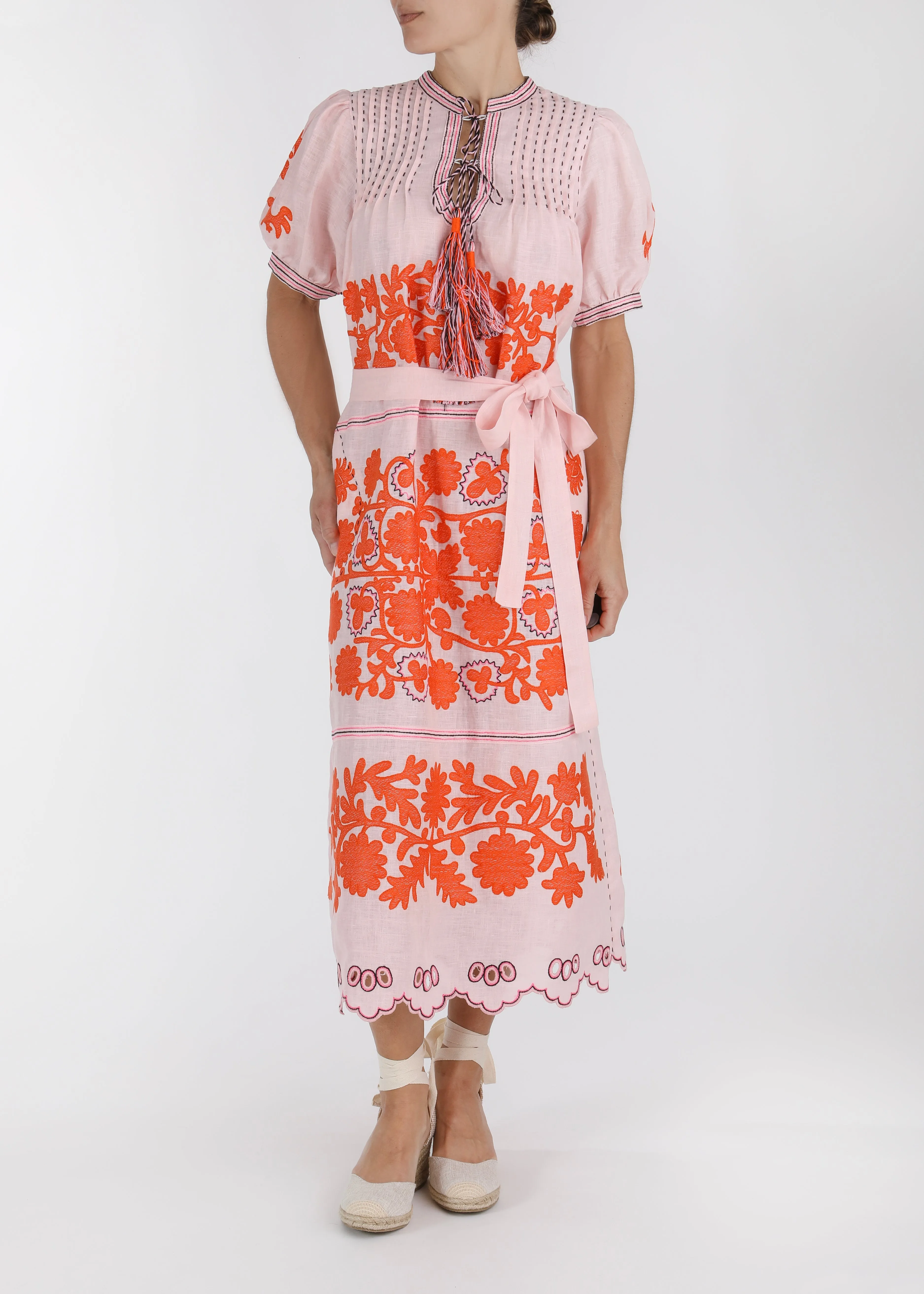 Elegant Pink and Orange Ukrainian Embroidered Dress for Women - Traditional Floral Design