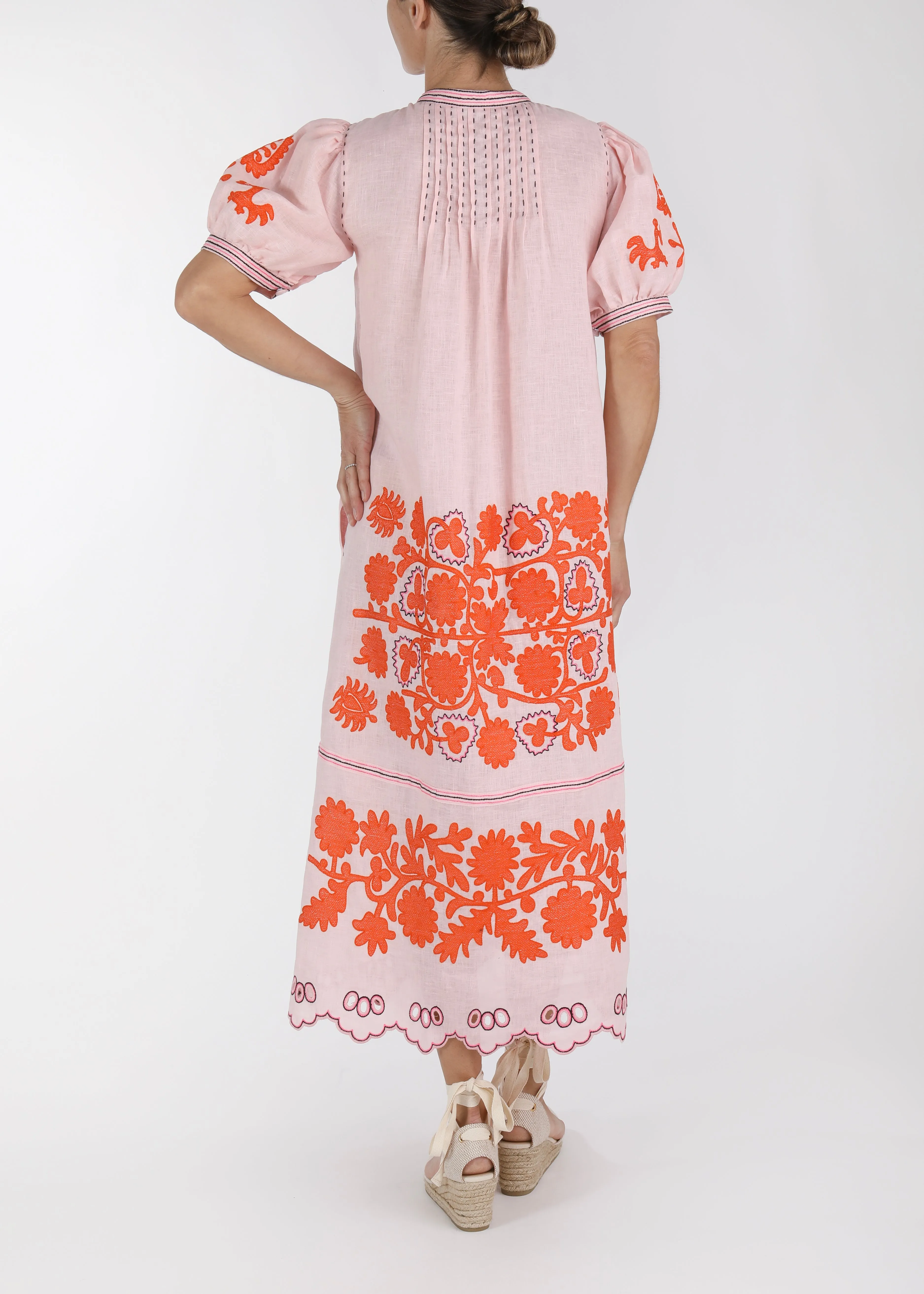 Elegant Pink and Orange Ukrainian Embroidered Dress for Women - Traditional Floral Design