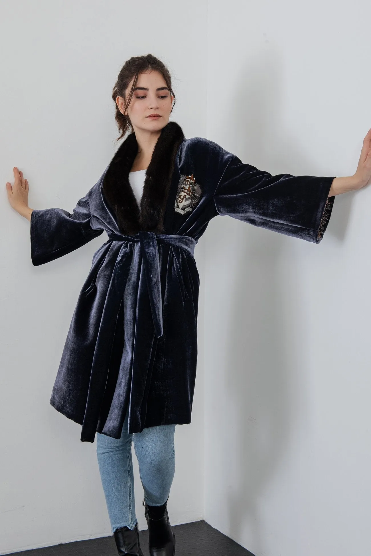 Navy Long Velvet Coat