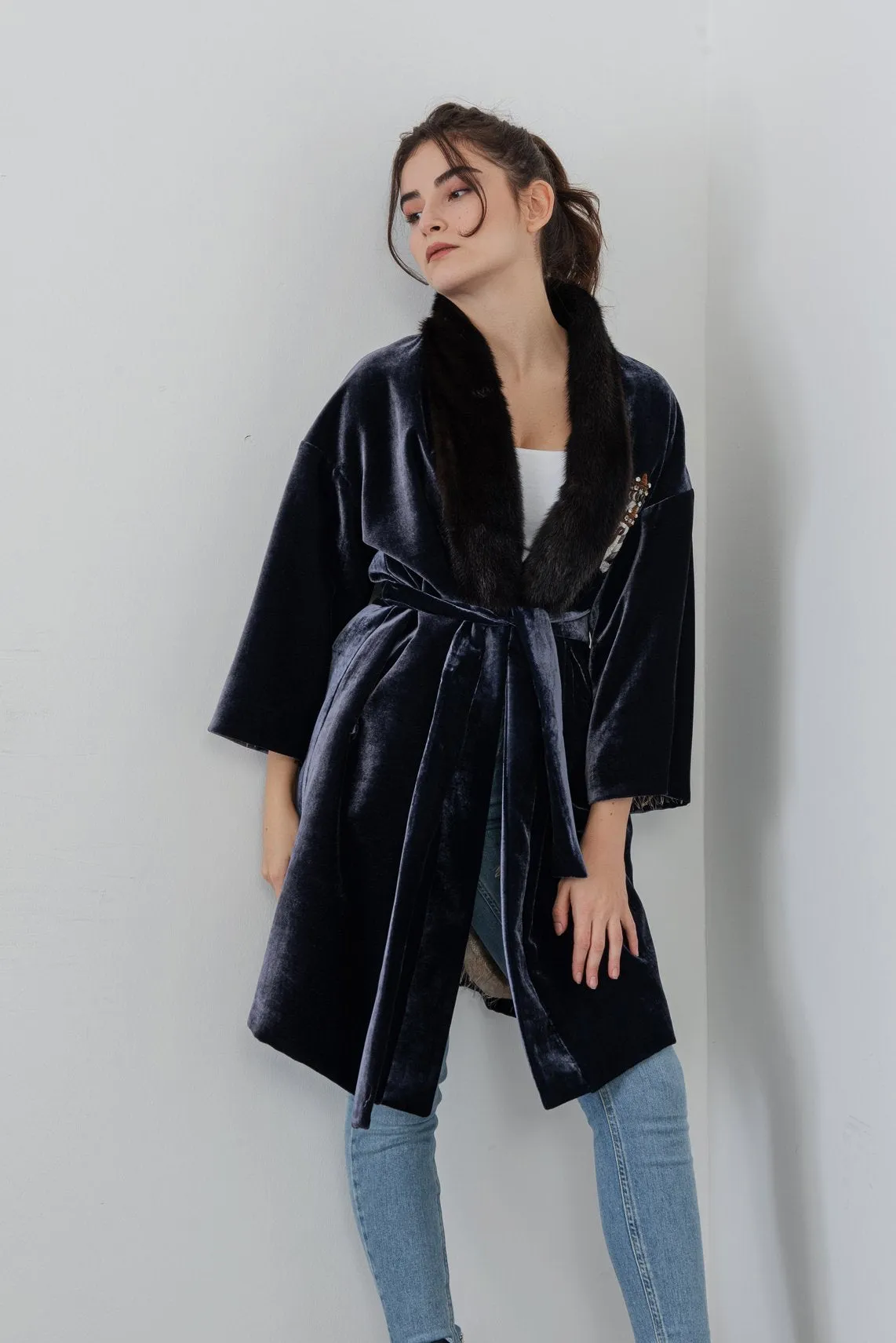 Navy Long Velvet Coat