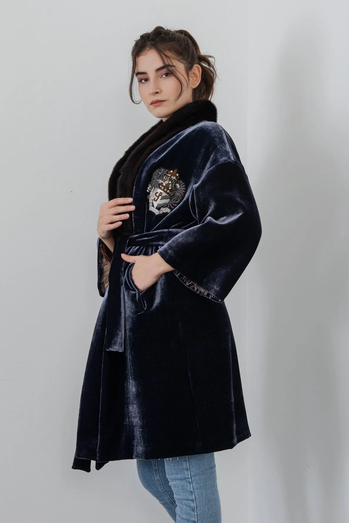 Navy Long Velvet Coat