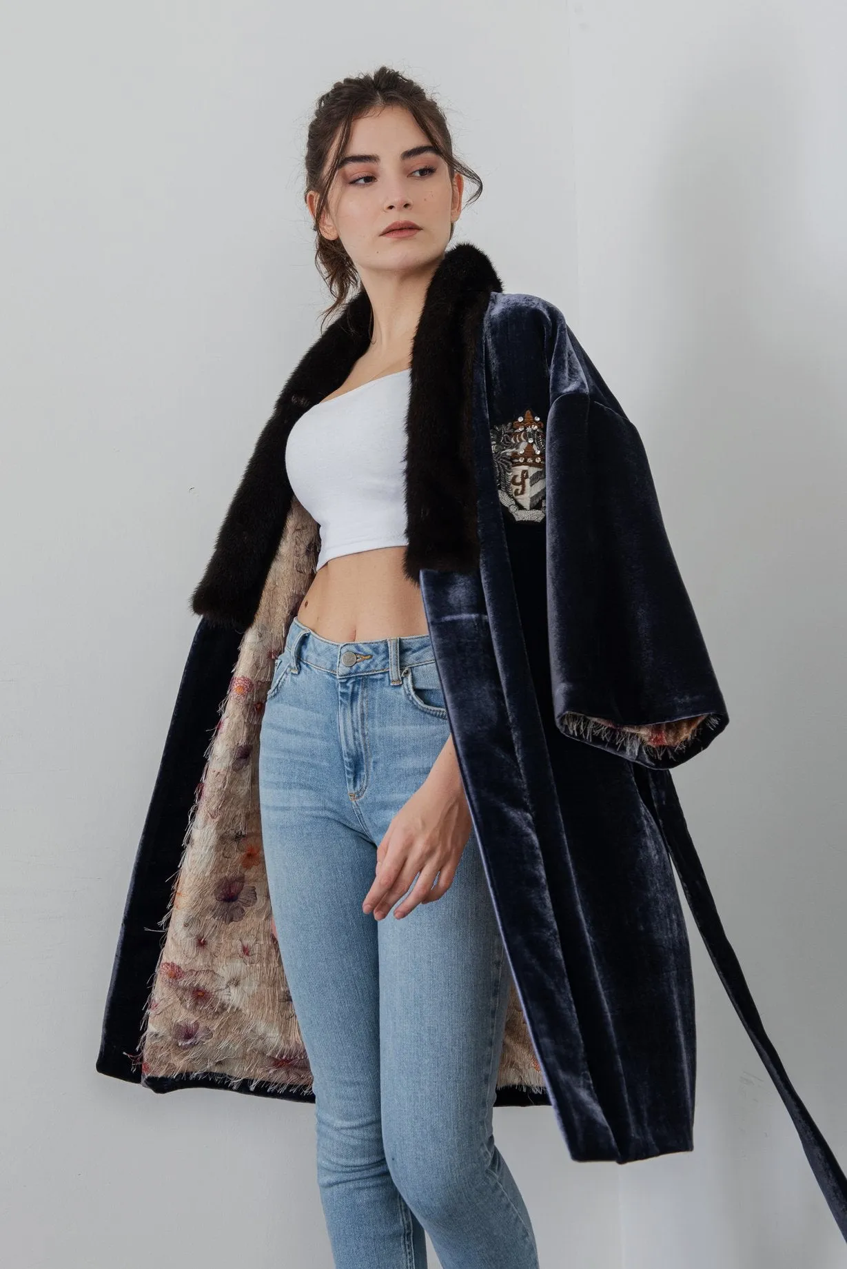 Navy Long Velvet Coat