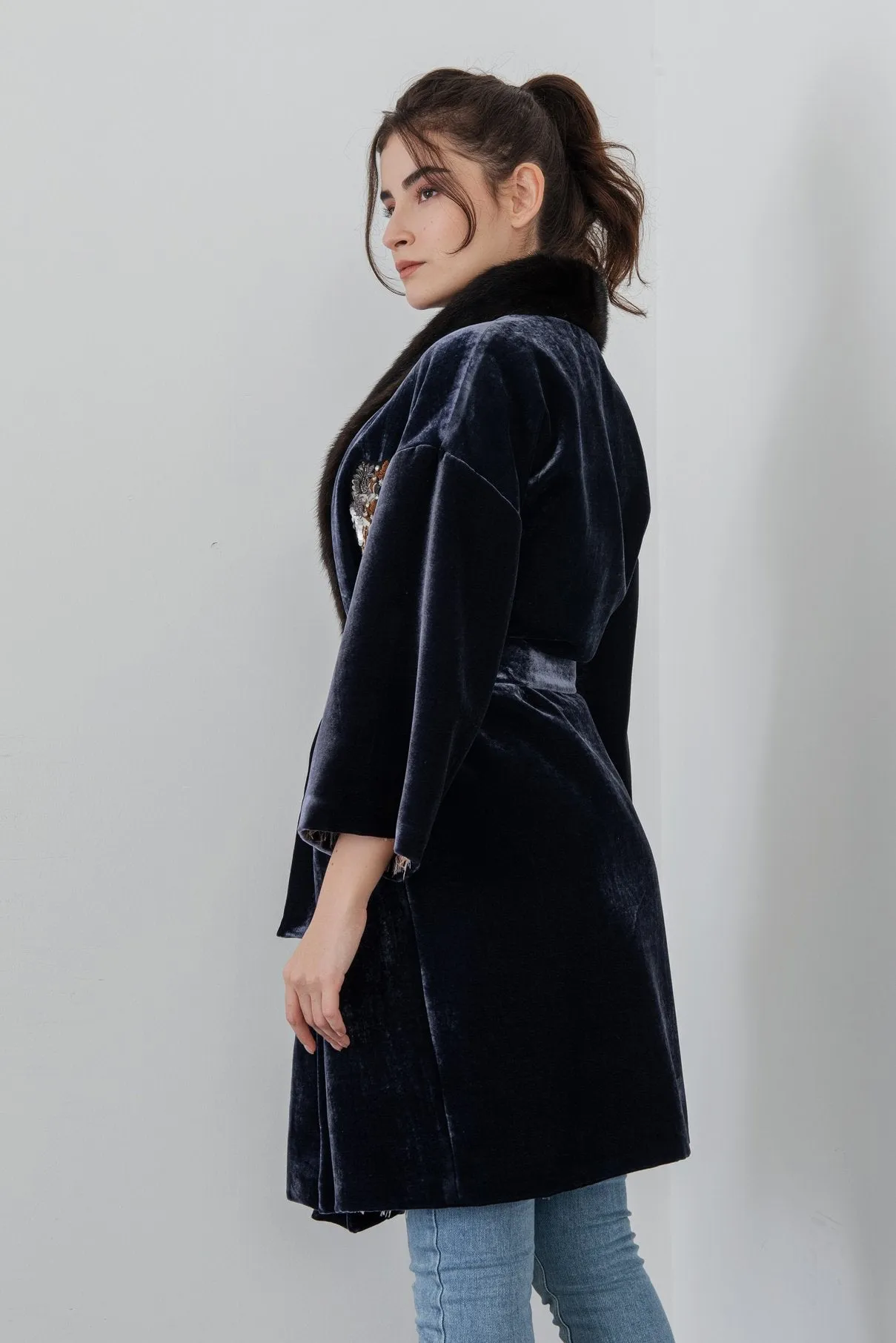 Navy Long Velvet Coat