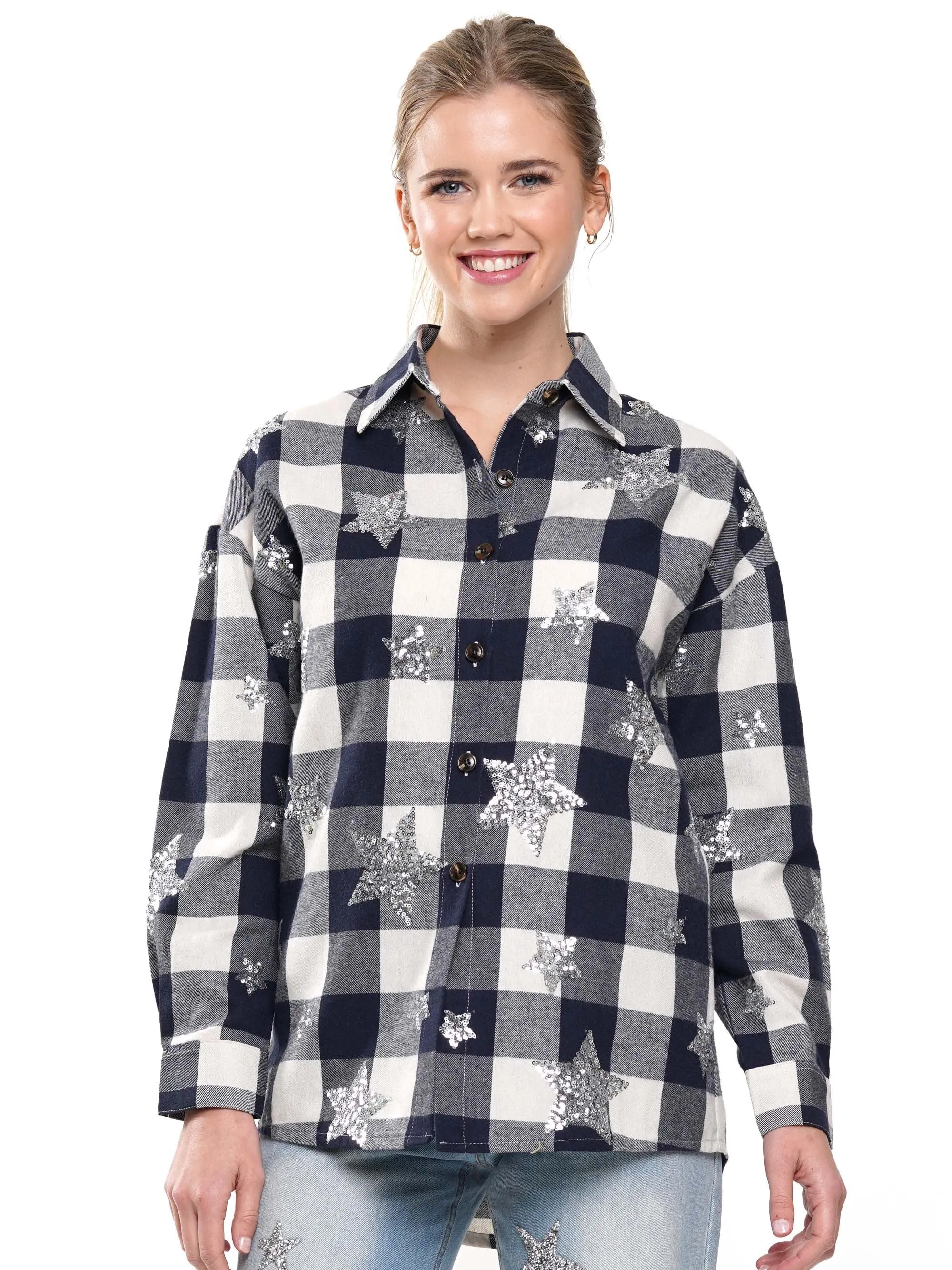 Navy/White Plaid and Sequin Star Flannel