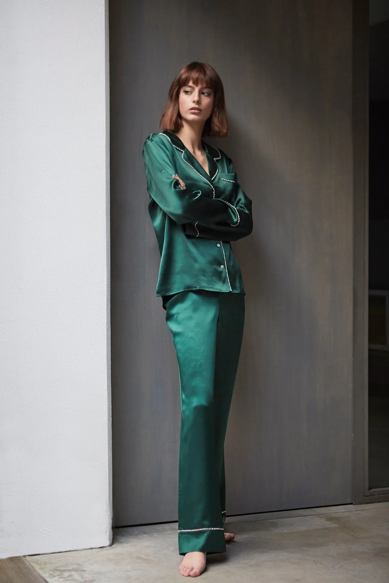 Pearl and Crystal Green Silk Pyjama Set