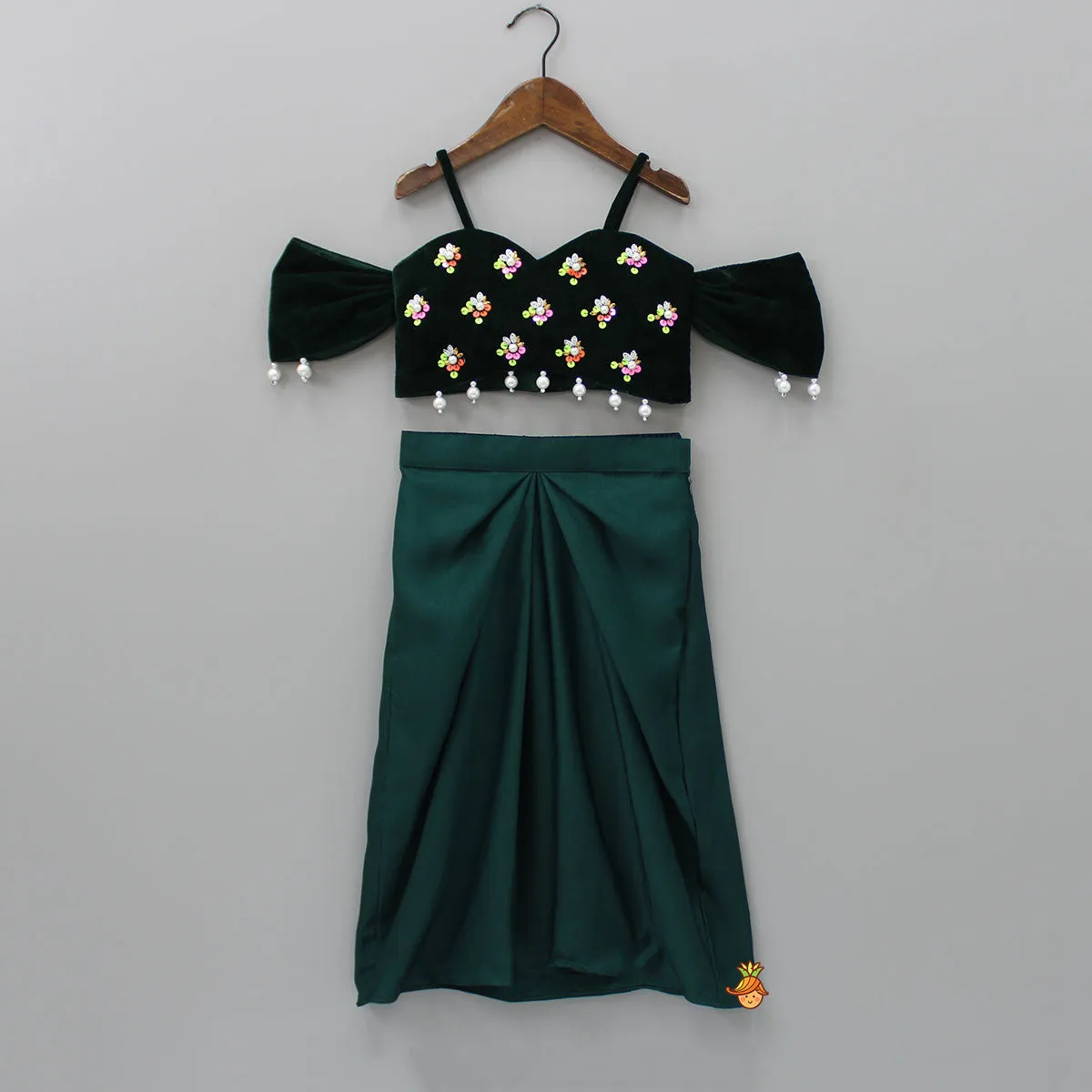 Pre Order: Velvet Green Off Shoulder Top And Dhoti Style Skirt