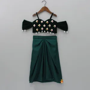Pre Order: Velvet Green Off Shoulder Top And Dhoti Style Skirt