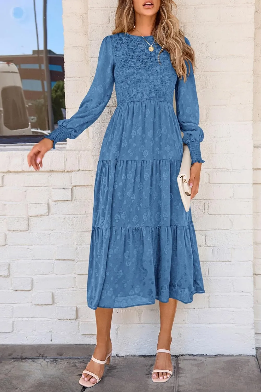 PRETTYGARDEN Women's Fall Spring Midi Dress Long Sleeve Floral Smocked Elegant Wedding Guest Long Flowy Dresses with Pockets