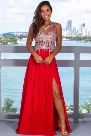 Red Jeweled Top Maxi Dress with Side Slit