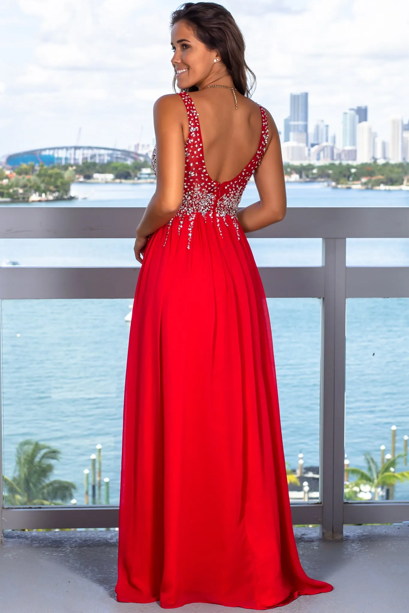 Red Jeweled Top Maxi Dress with Side Slit