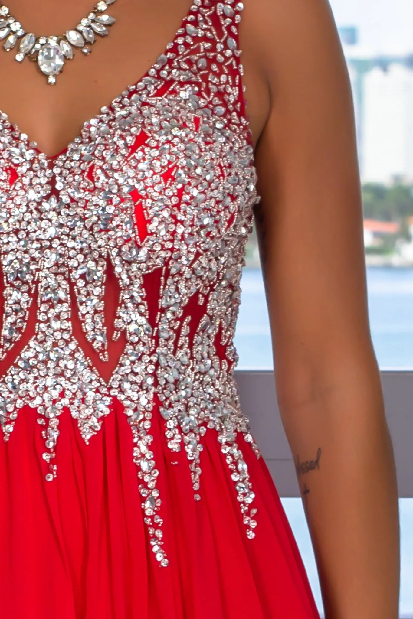 Red Jeweled Top Maxi Dress with Side Slit