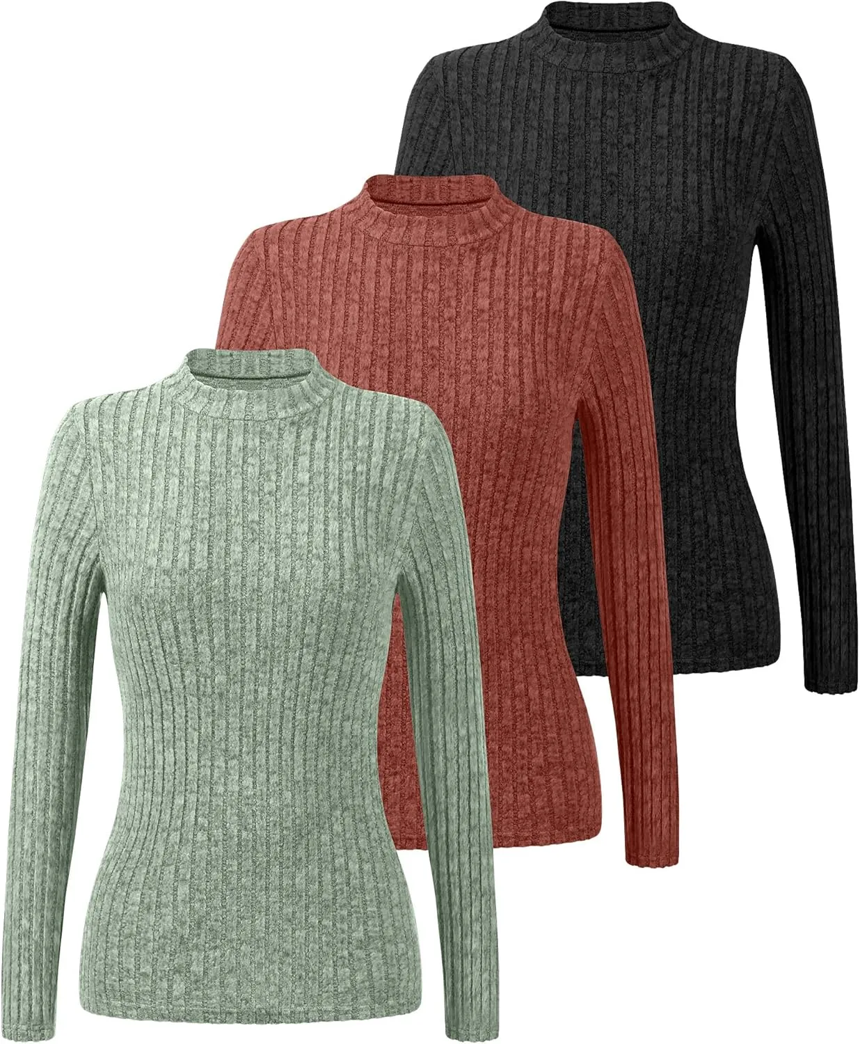 Riyiper 3 Pack Women's Mock Neck Sweaters, Long Sleeve Lightweight Tops Casual Soft Sweaters Knit Slim Fitted Basic Pullover