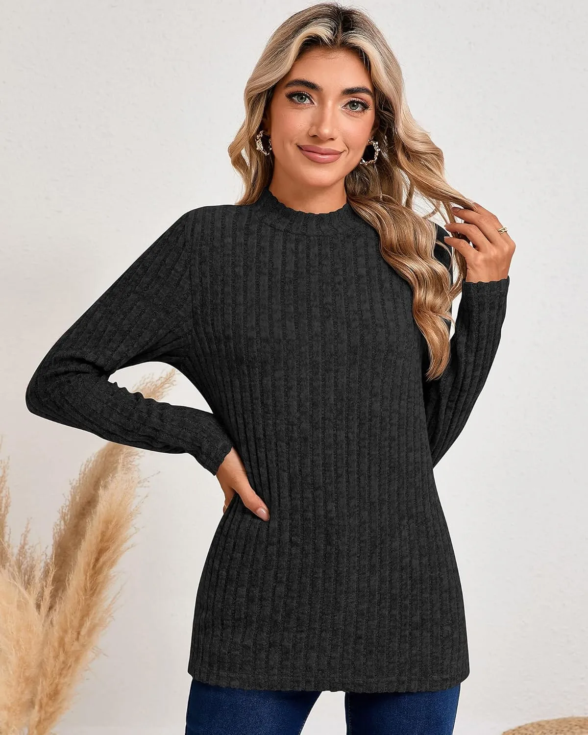 Riyiper 3 Pack Women's Mock Neck Sweaters, Long Sleeve Lightweight Tops Casual Soft Sweaters Knit Slim Fitted Basic Pullover