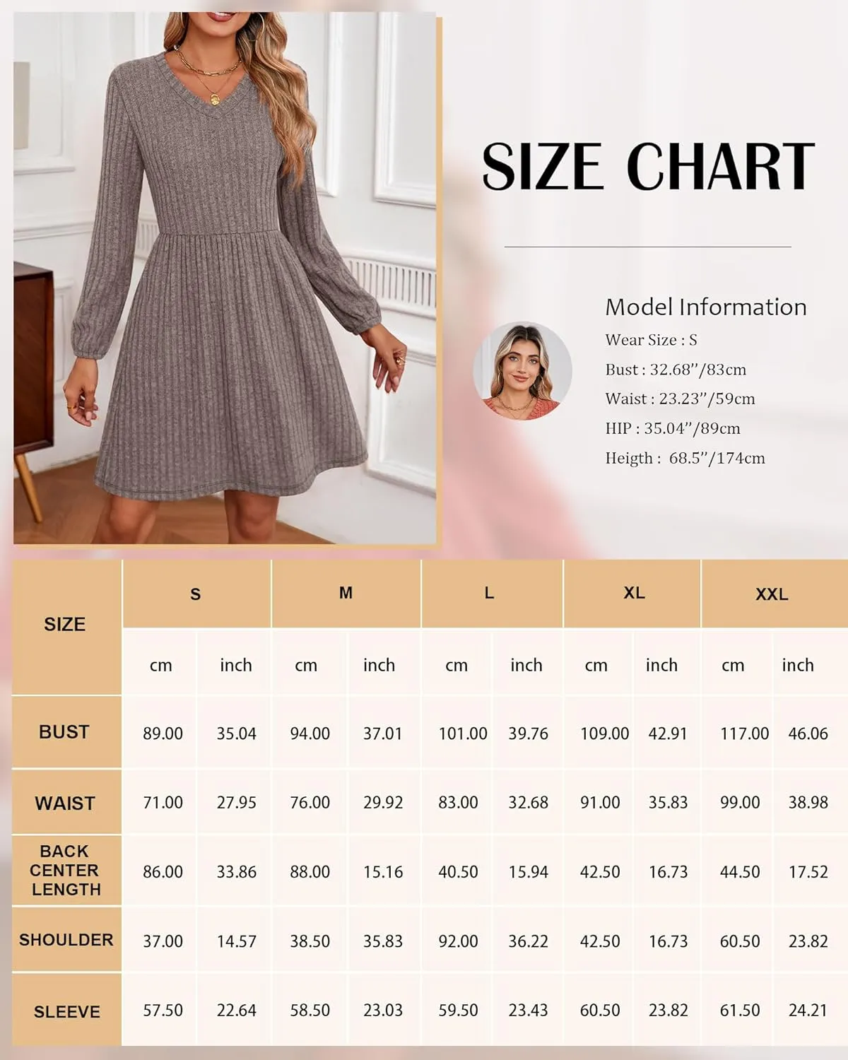 Riyiper Women's Dress with Pockets Winter Long Sleeve Sweater Dress V Neck Ribbed Knit Casual Tunic Swing Dress