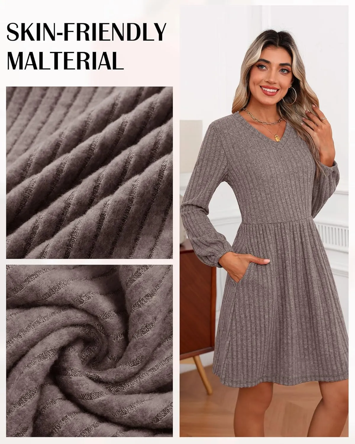 Riyiper Women's Dress with Pockets Winter Long Sleeve Sweater Dress V Neck Ribbed Knit Casual Tunic Swing Dress