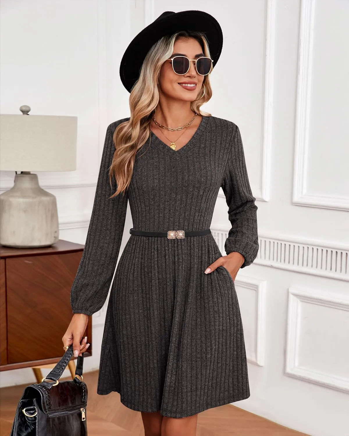 Riyiper Women's Dress with Pockets Winter Long Sleeve Sweater Dress V Neck Ribbed Knit Casual Tunic Swing Dress