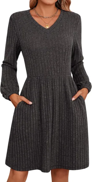 Riyiper Women's Dress with Pockets Winter Long Sleeve Sweater Dress V Neck Ribbed Knit Casual Tunic Swing Dress