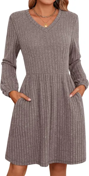 Riyiper Women's Dress with Pockets Winter Long Sleeve Sweater Dress V Neck Ribbed Knit Casual Tunic Swing Dress
