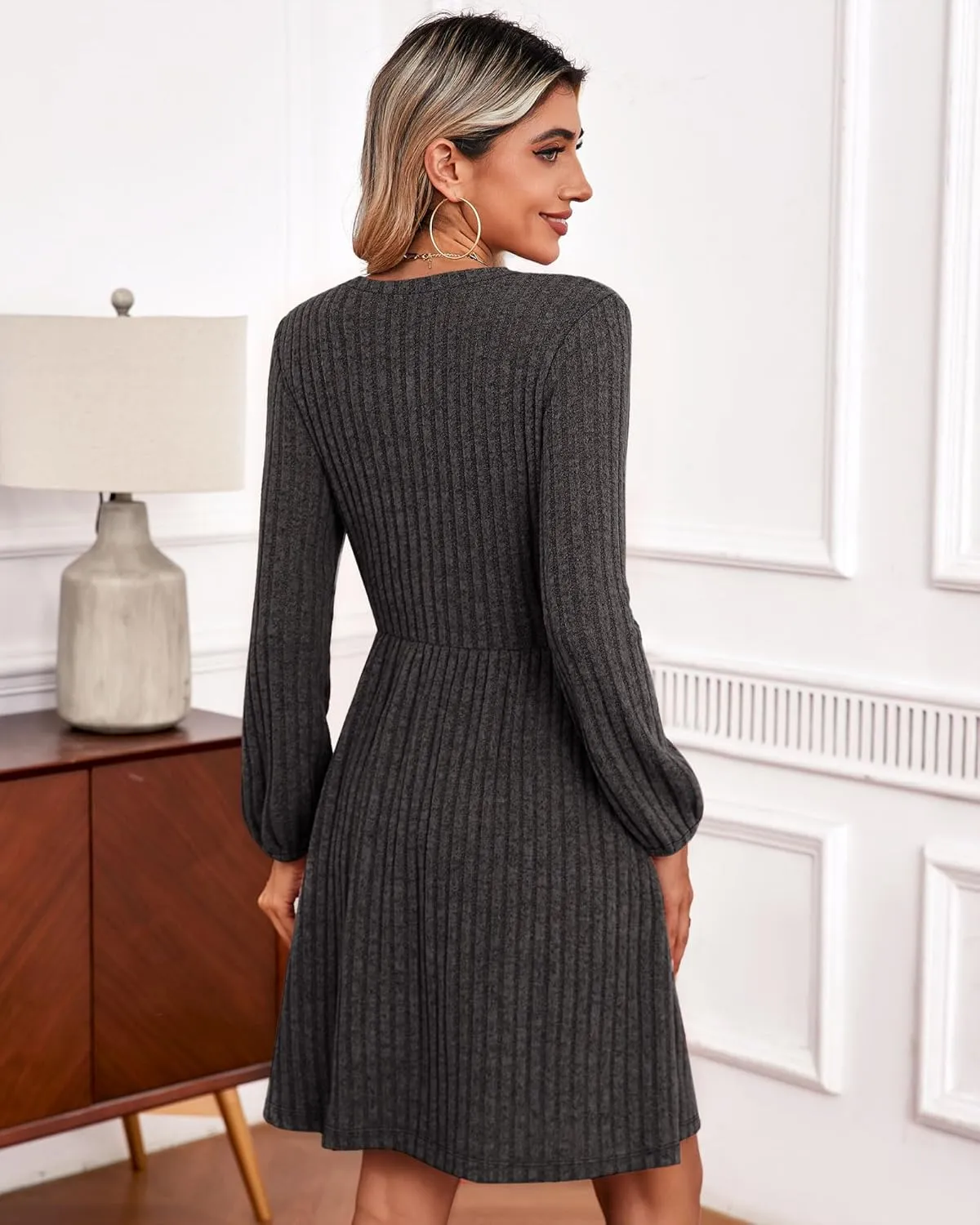 Riyiper Women's Dress with Pockets Winter Long Sleeve Sweater Dress V Neck Ribbed Knit Casual Tunic Swing Dress