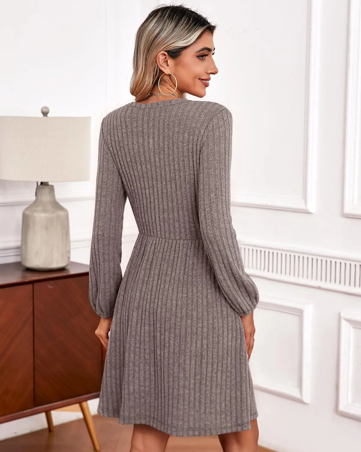 Riyiper Women's Dress with Pockets Winter Long Sleeve Sweater Dress V Neck Ribbed Knit Casual Tunic Swing Dress