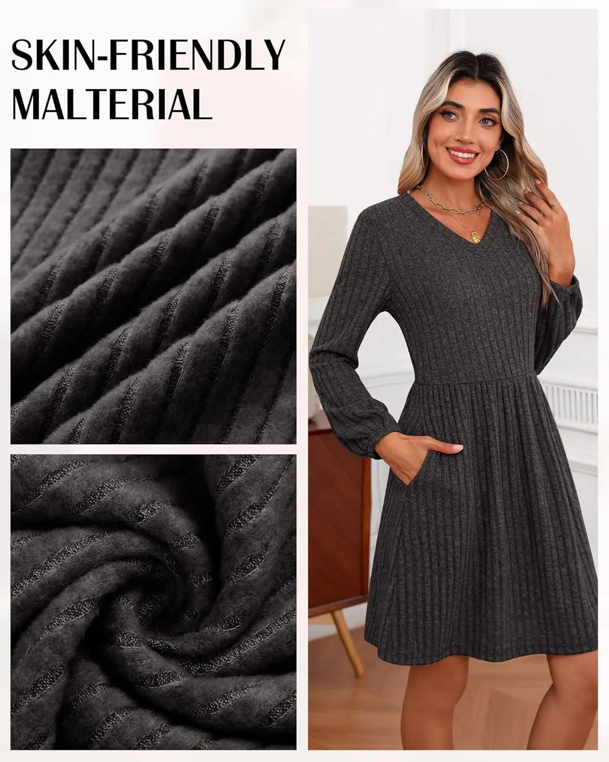 Riyiper Women's Dress with Pockets Winter Long Sleeve Sweater Dress V Neck Ribbed Knit Casual Tunic Swing Dress