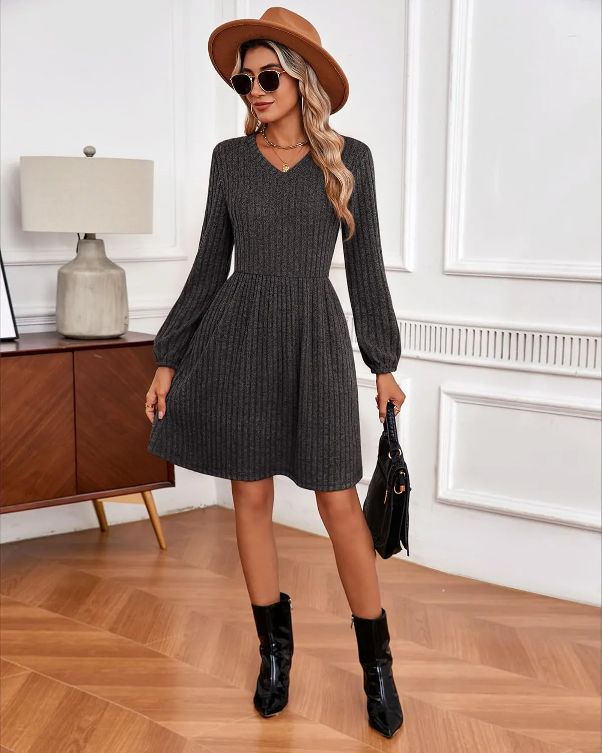 Riyiper Women's Dress with Pockets Winter Long Sleeve Sweater Dress V Neck Ribbed Knit Casual Tunic Swing Dress