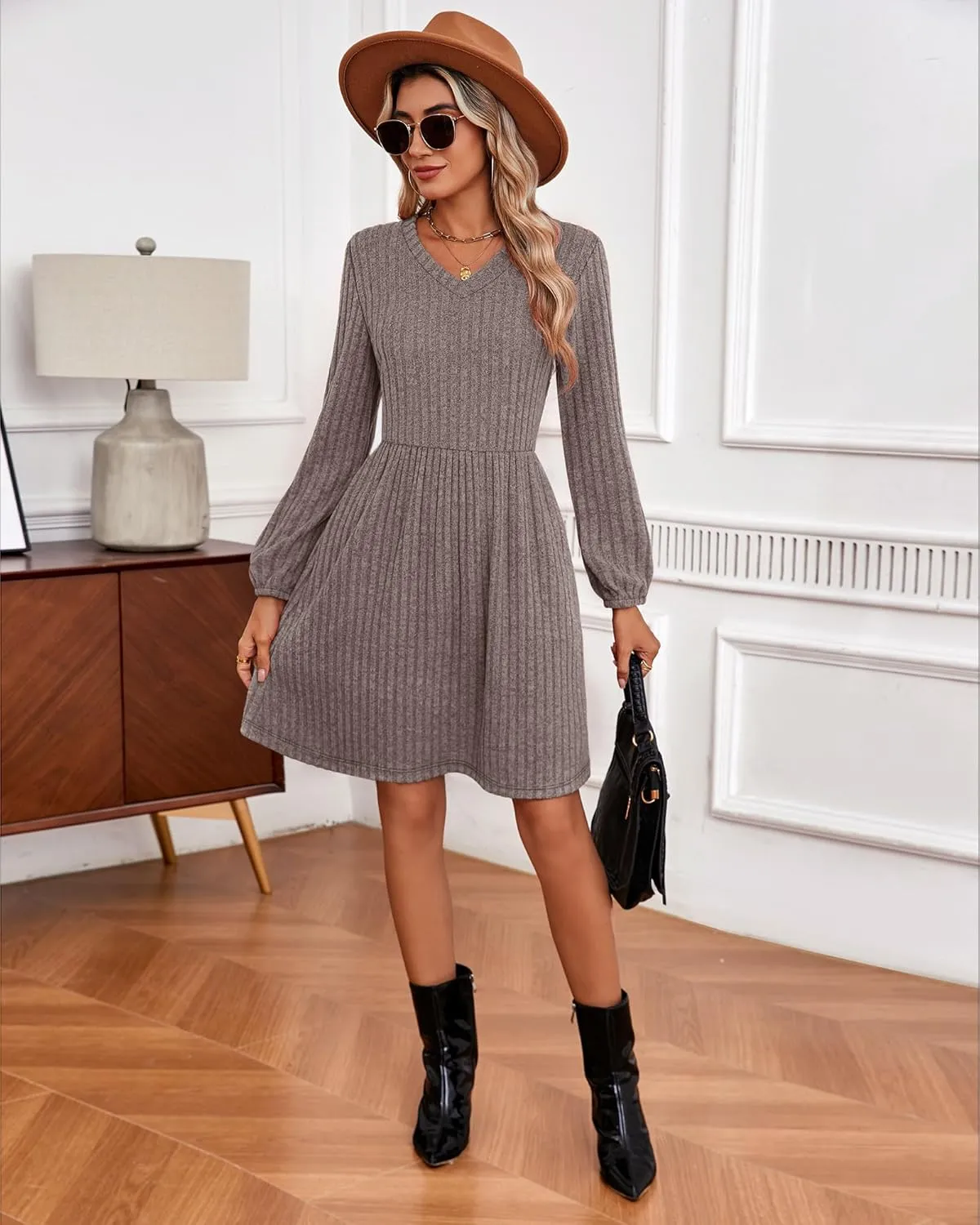 Riyiper Women's Dress with Pockets Winter Long Sleeve Sweater Dress V Neck Ribbed Knit Casual Tunic Swing Dress