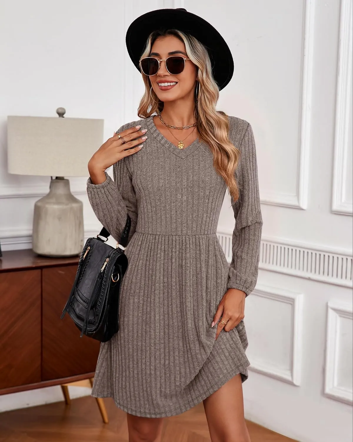 Riyiper Women's Dress with Pockets Winter Long Sleeve Sweater Dress V Neck Ribbed Knit Casual Tunic Swing Dress