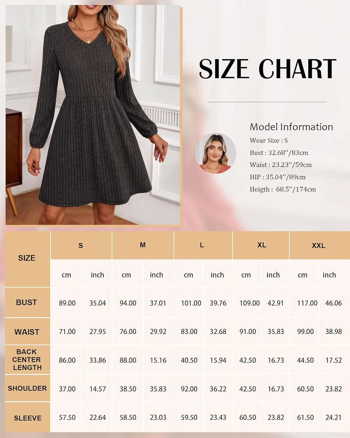 Riyiper Women's Dress with Pockets Winter Long Sleeve Sweater Dress V Neck Ribbed Knit Casual Tunic Swing Dress