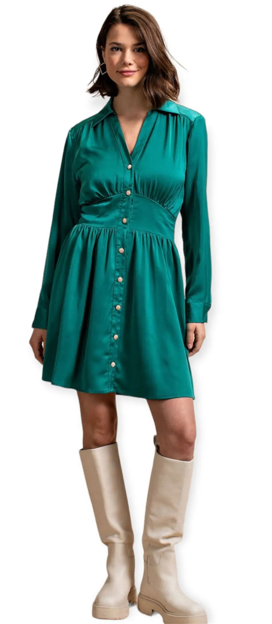 Ruby”s Satin Dress With Jeweled Buttons- Jade