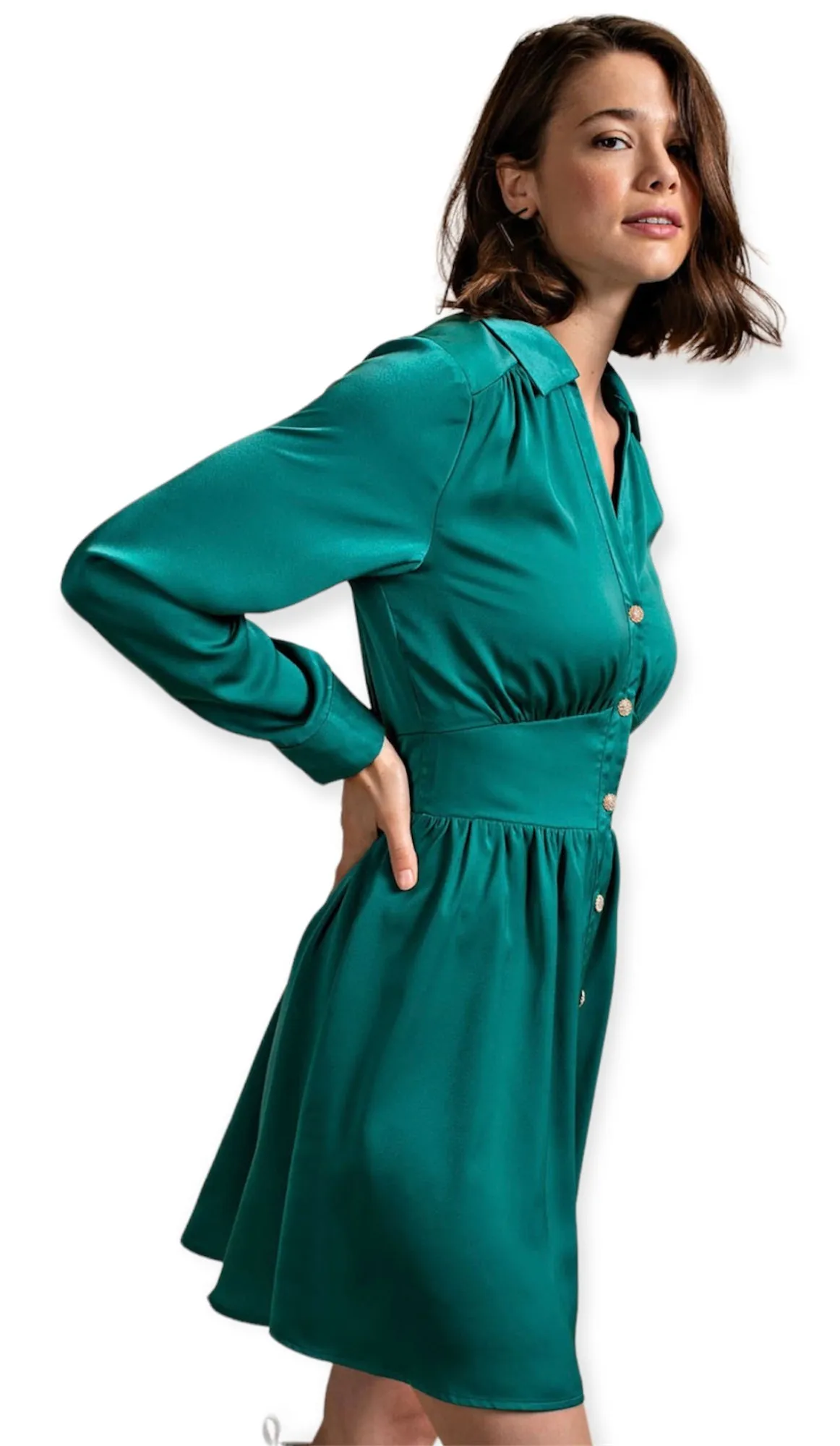 Ruby”s Satin Dress With Jeweled Buttons- Jade