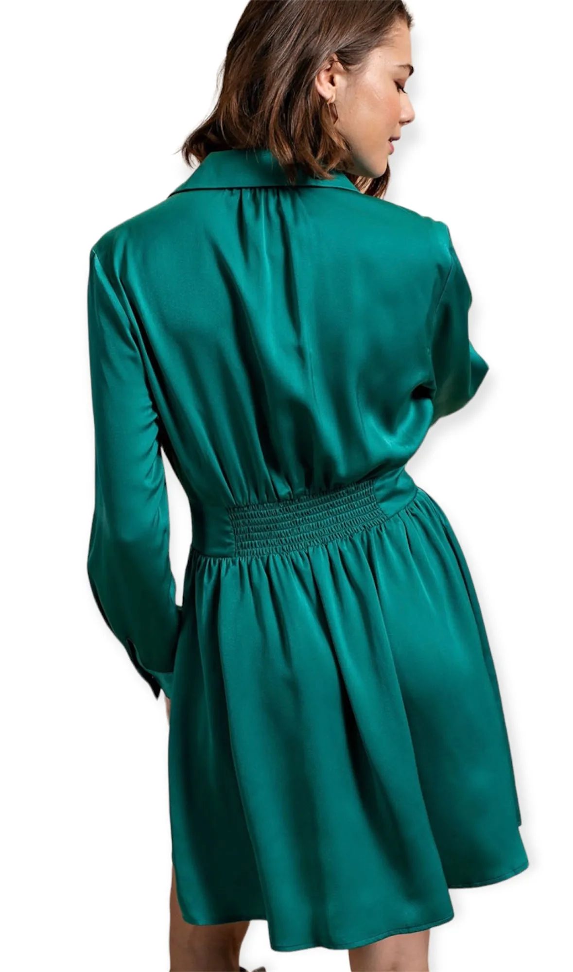 Ruby”s Satin Dress With Jeweled Buttons- Jade