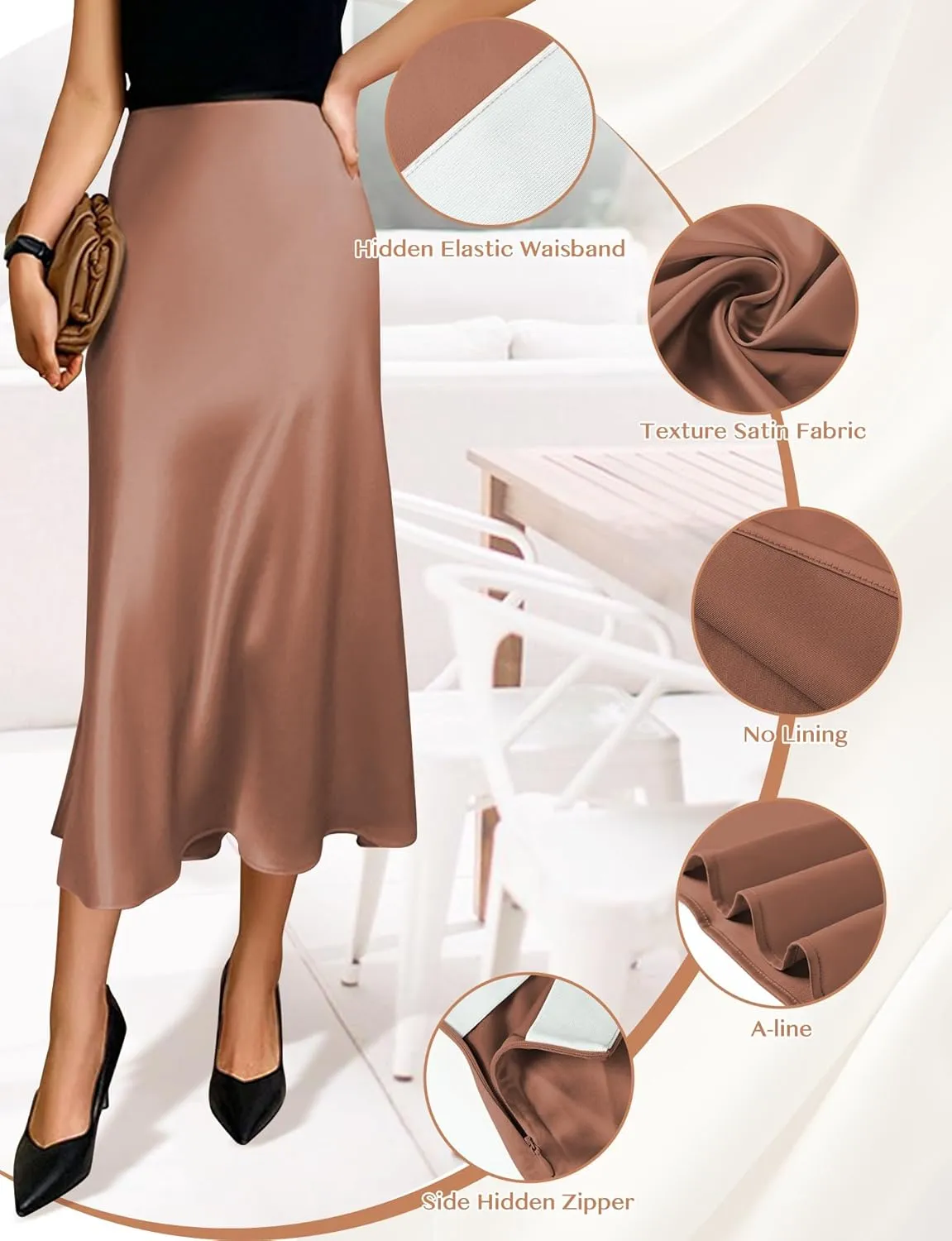 Satin Skirts for Women Trendy, High Waisted Women Silk Skirt Midi Length Elegant