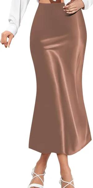 Satin Skirts for Women Trendy, High Waisted Women Silk Skirt Midi Length Elegant
