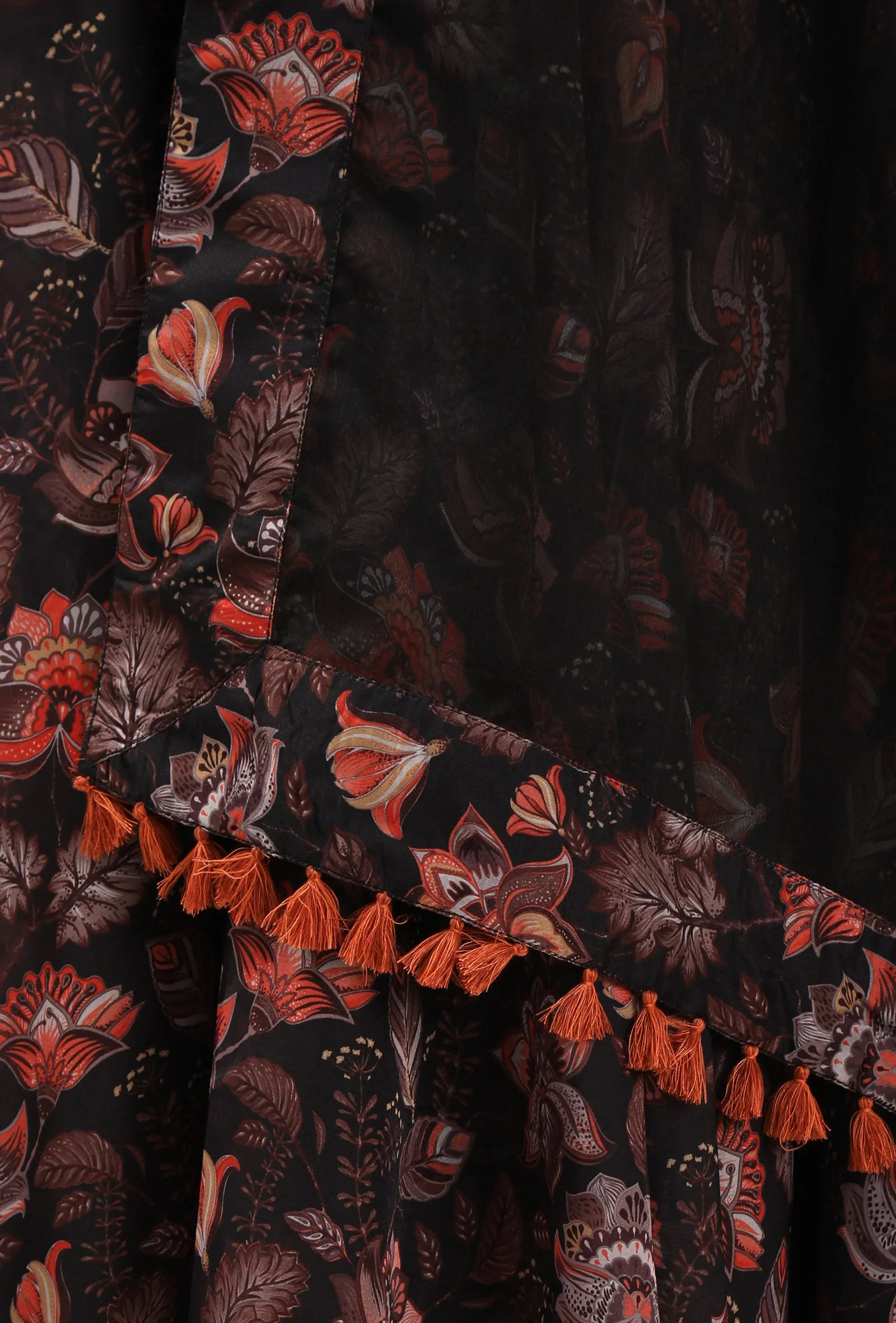 Set Of 3: Zoon Solid Silk Blouse With Floral Chintz Lehanga Skirt & Organza Tasseled Dupatta