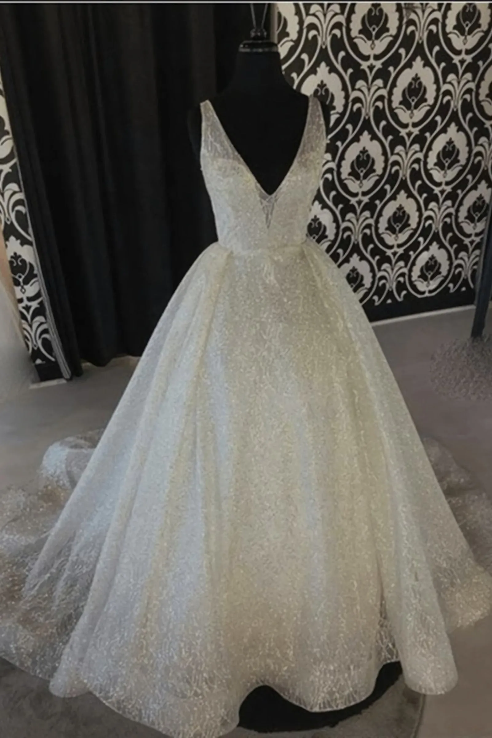 Shiny V Neck Backless Ivory Lace Wedding Dress, Ivory V Neck Lace Evening Formal Dress