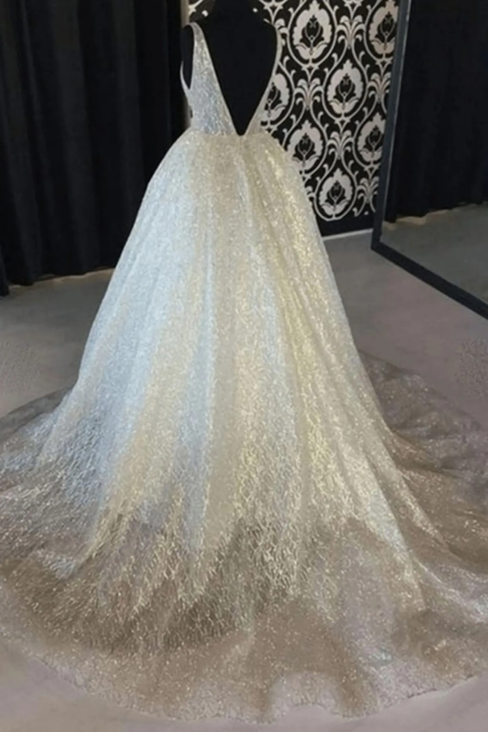 Shiny V Neck Backless Ivory Lace Wedding Dress, Ivory V Neck Lace Evening Formal Dress