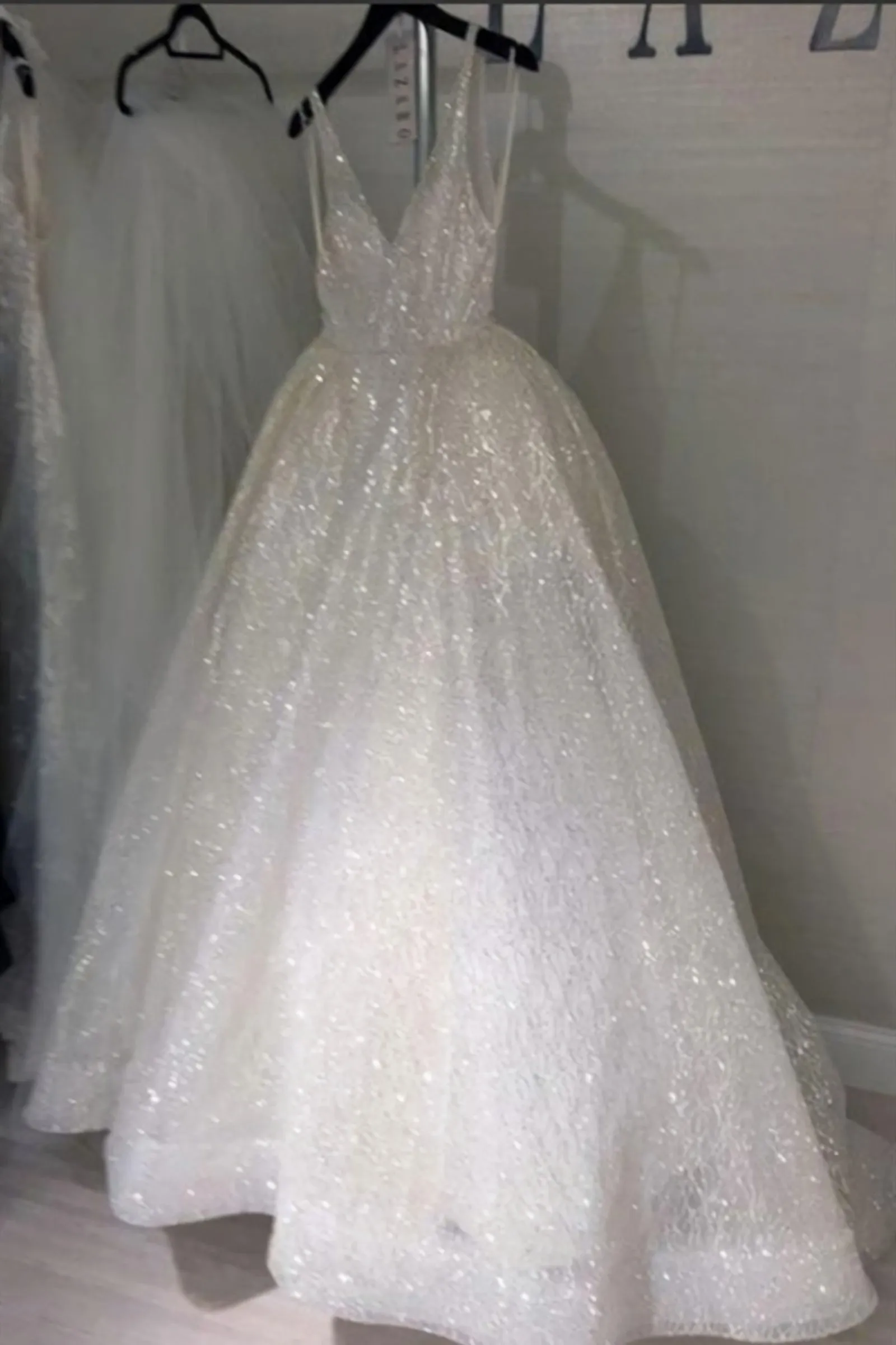 Shiny V Neck Backless Ivory Lace Wedding Dress, Ivory V Neck Lace Evening Formal Dress