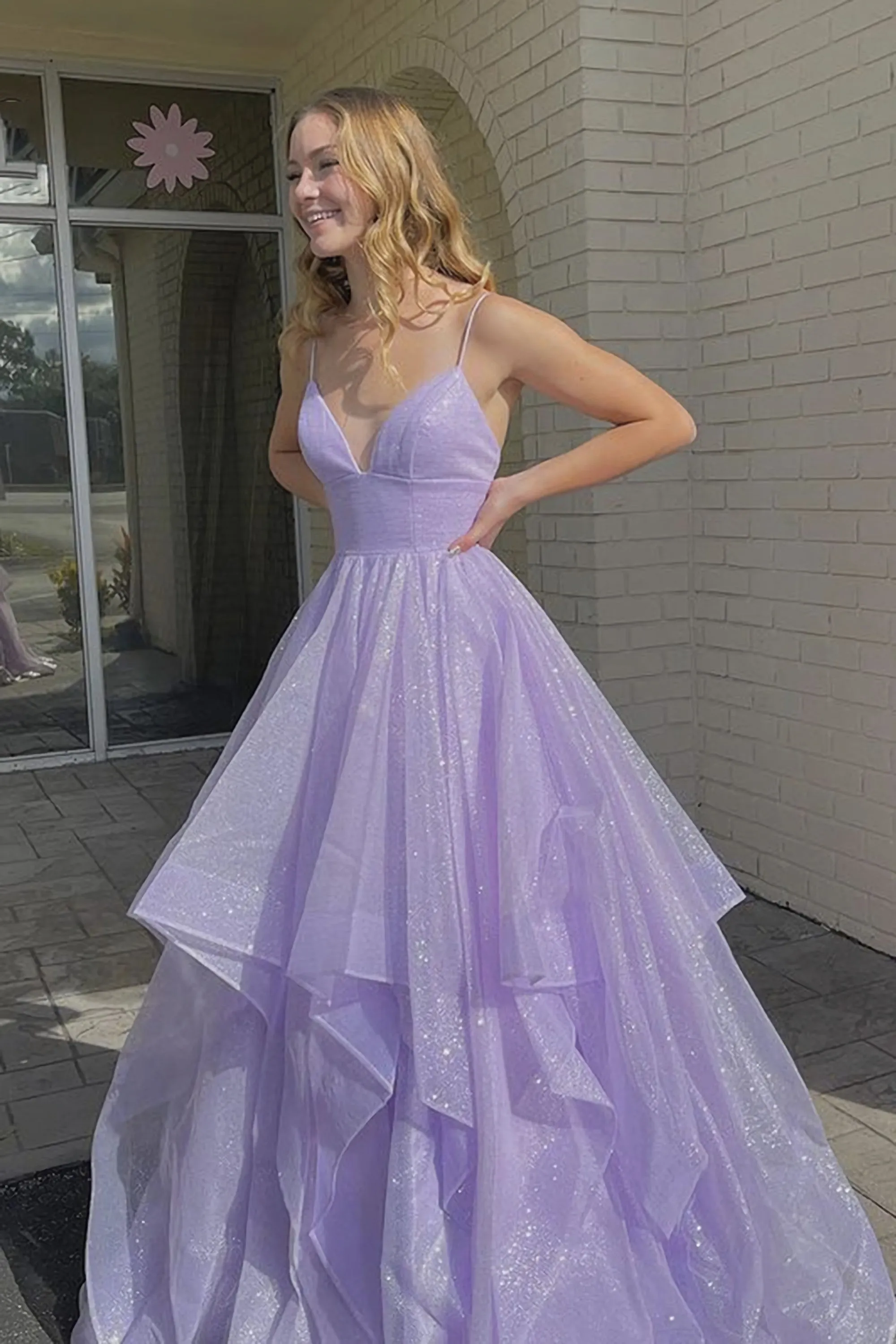 Shiny V Neck Fluffy Purple Long Evening Dress, Long Purple Formal Dress